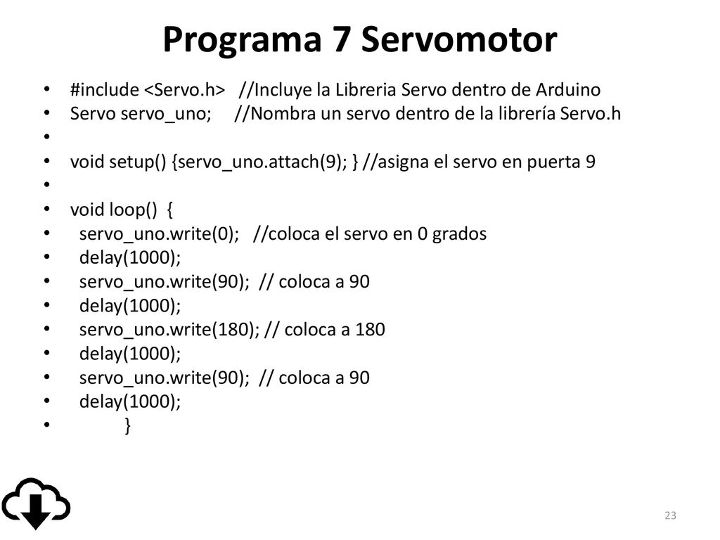 Programa 7 Servomotor #include <Servo.h> //Incluye la Libreria Servo dentro de Arduino.