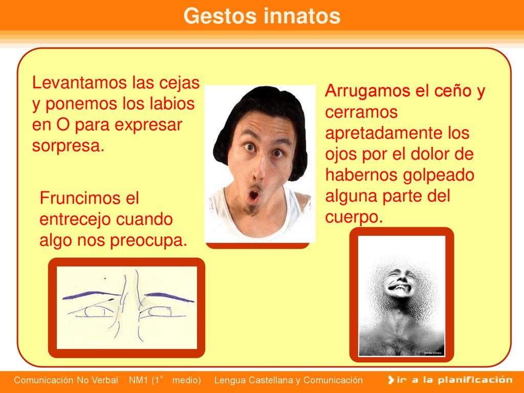 Gestos innatos Levantamos las cejas y ponemos los labios en O para expresar sorpresa.