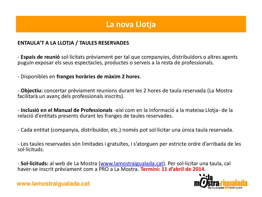 La nova Llotja ENTAULA’T A LA LLOTJA / TAULES RESERVADES