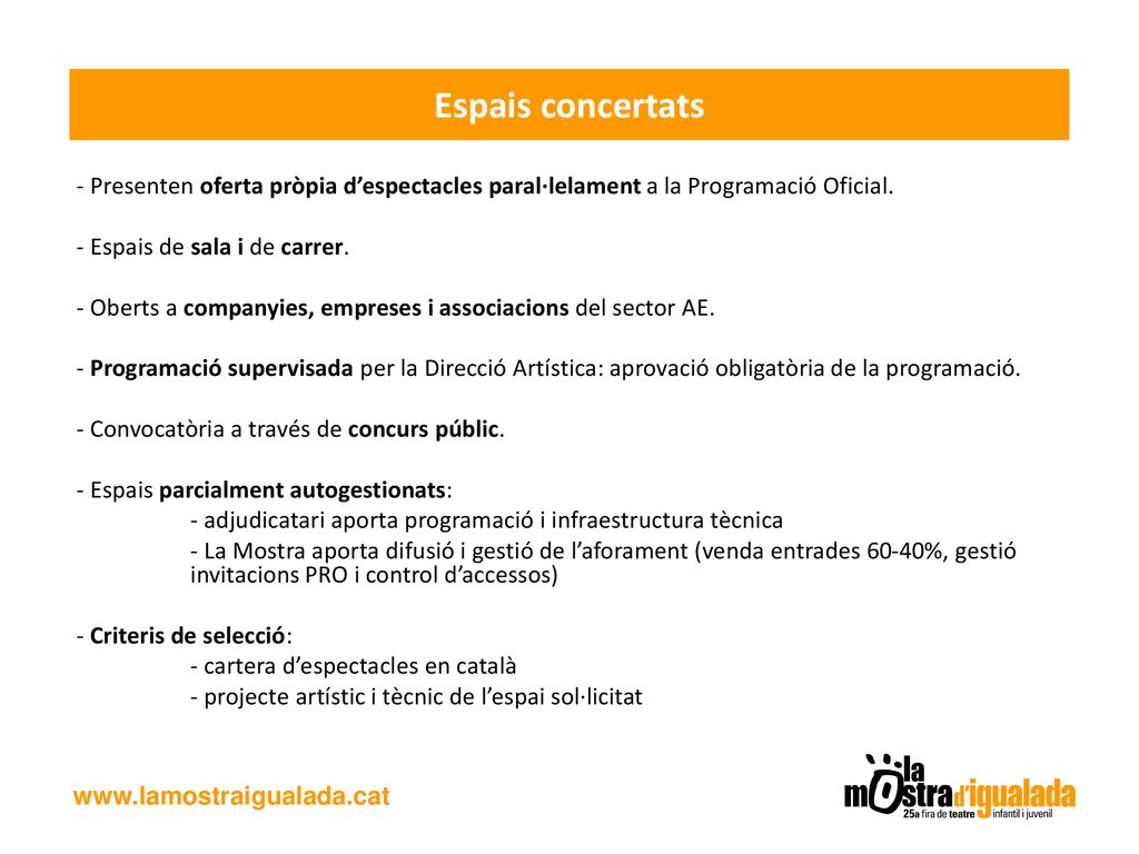 Espais concertats - Presenten oferta pròpia d’espectacles paral·lelament a la Programació Oficial. - Espais de sala i de carrer.
