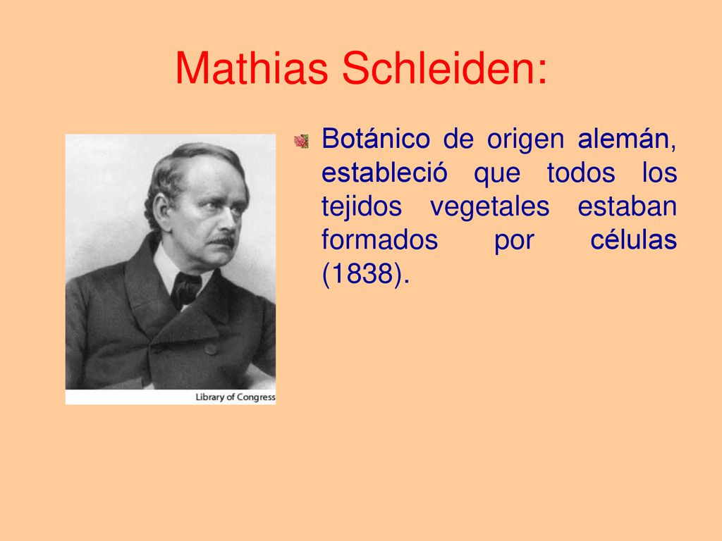Mathias Schleiden: Botánico de origen alemán, estableció que todos los tejidos vegetales estaban formados por células (1838).