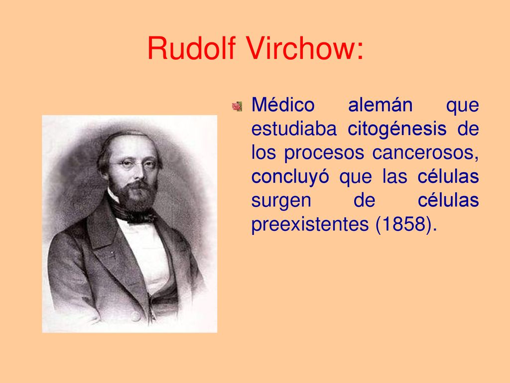Rudolf Virchow: Médico alemán que estudiaba citogénesis de los procesos cancerosos, concluyó que las células surgen de células preexistentes (1858).