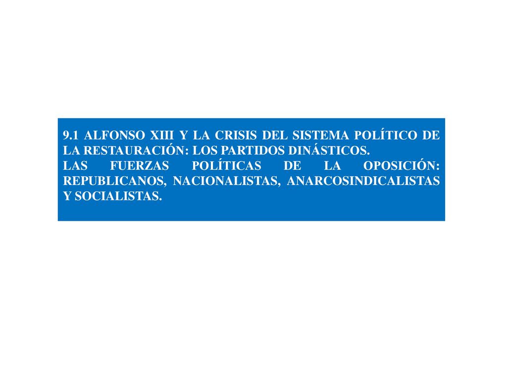 9.1 ALFONSO XIII Y LA CRISIS DEL SISTEMA POLÍTICO DE LA RESTAURACIÓN: LOS PARTIDOS DINÁSTICOS.