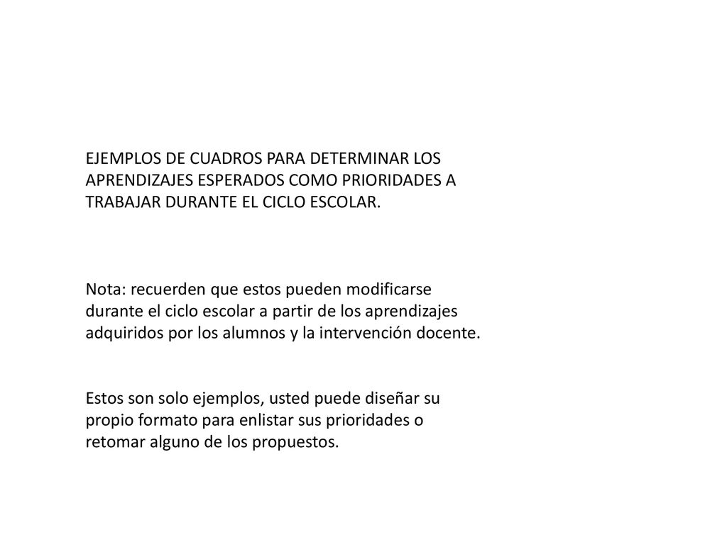 EJEMPLOS DE CUADROS PARA DETERMINAR LOS APRENDIZAJES ESPERADOS COMO PRIORIDADES A TRABAJAR DURANTE EL CICLO ESCOLAR.
