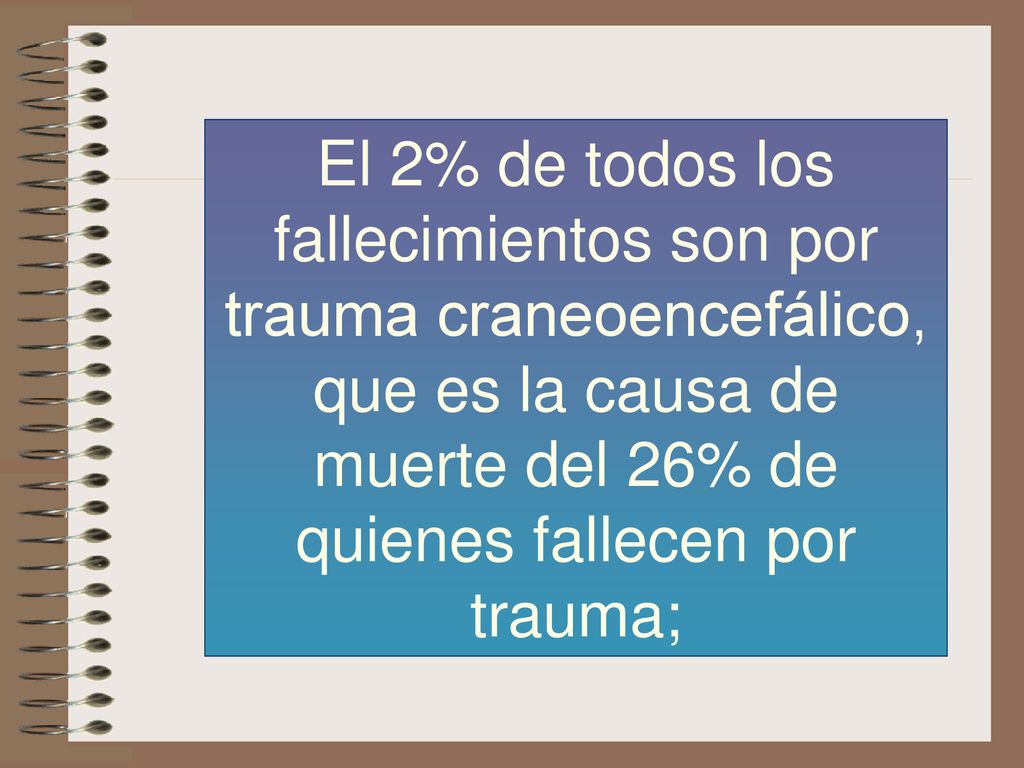 El 2% de todos los fallecimientos son por trauma craneoencefálico, que es la causa de muerte del 26% de quienes fallecen por trauma;