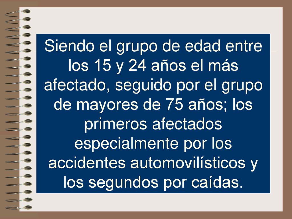 Siendo el grupo de edad entre los 15 y 24 años el más afectado, seguido por el grupo de mayores de 75 años; los primeros afectados especialmente por los accidentes automovilísticos y los segundos por caídas.