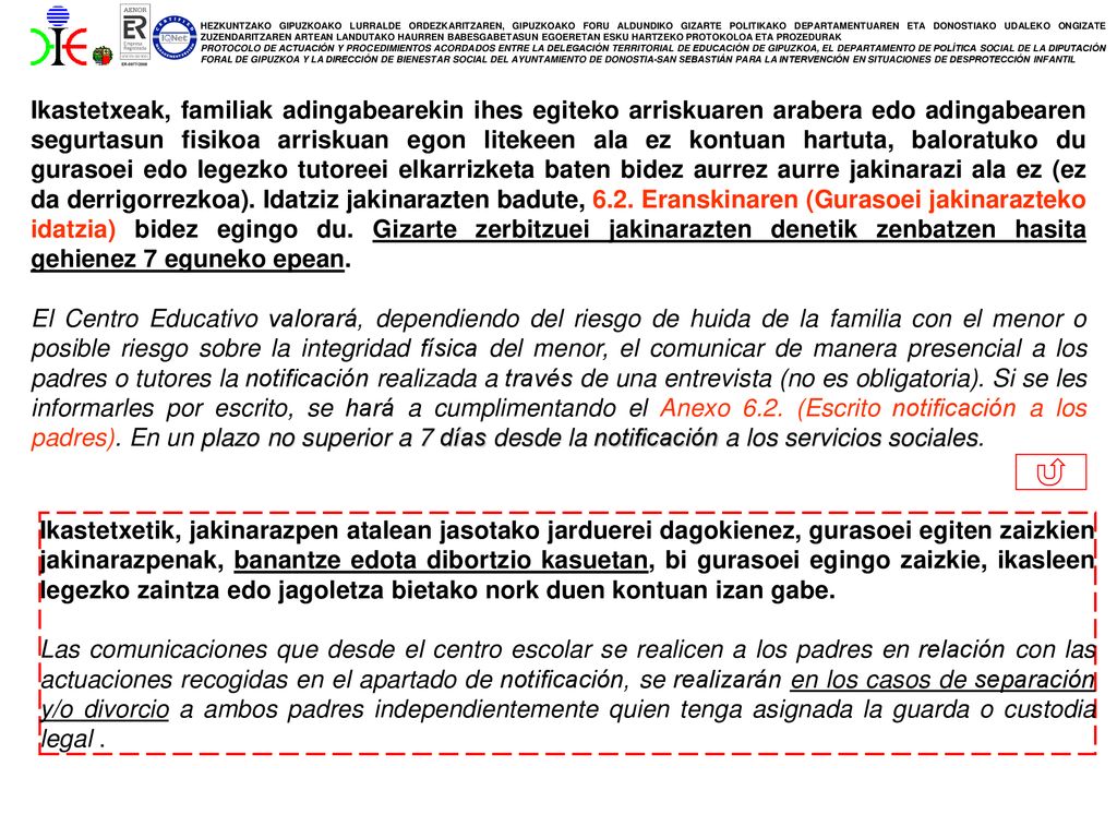 Ikastetxeak, familiak adingabearekin ihes egiteko arriskuaren arabera edo adingabearen segurtasun fisikoa arriskuan egon litekeen ala ez kontuan hartuta, baloratuko du gurasoei edo legezko tutoreei elkarrizketa baten bidez aurrez aurre jakinarazi ala ez (ez da derrigorrezkoa). Idatziz jakinarazten badute, 6.2. Eranskinaren (Gurasoei jakinarazteko idatzia) bidez egingo du. Gizarte zerbitzuei jakinarazten denetik zenbatzen hasita gehienez 7 eguneko epean.