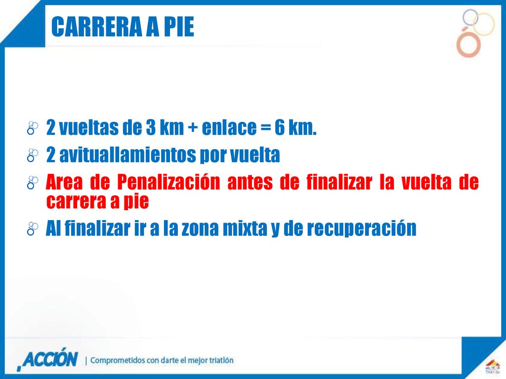 Carrera a pie 2 vueltas de 3 km + enlace = 6 km.