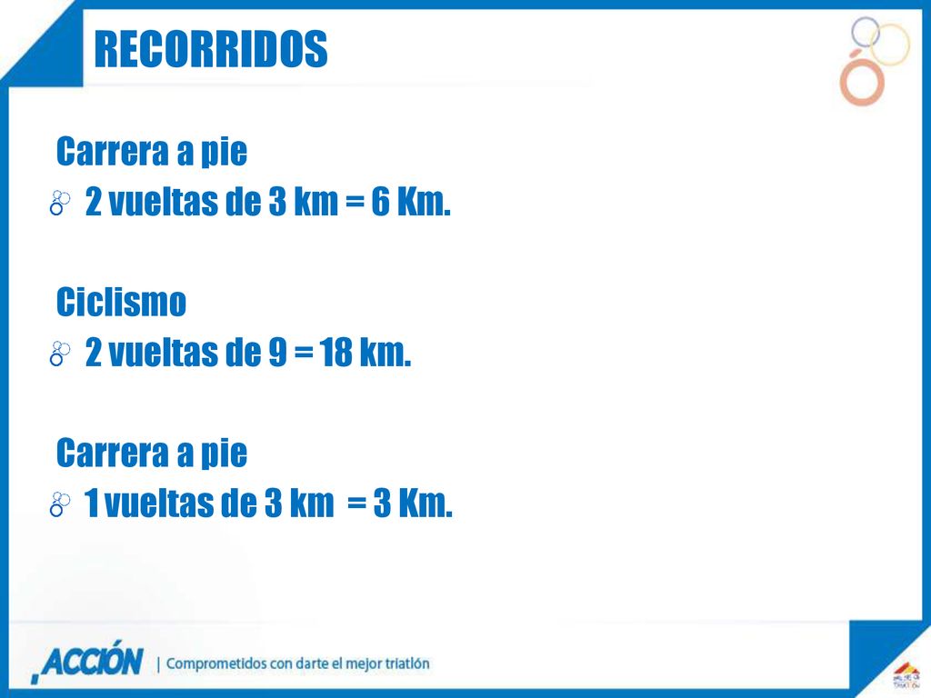 recorridos Carrera a pie 2 vueltas de 3 km = 6 Km. Ciclismo