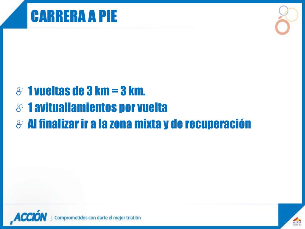 Carrera a pie 1 vueltas de 3 km = 3 km. 1 avituallamientos por vuelta