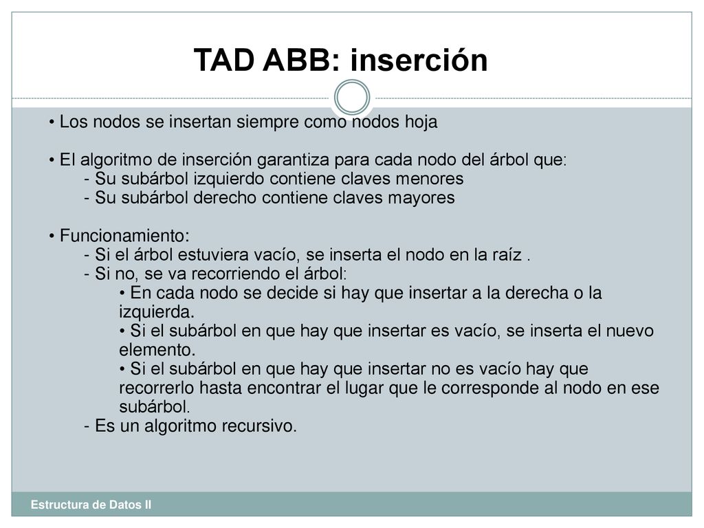 TAD ABB: inserción Los nodos se insertan siempre como nodos hoja