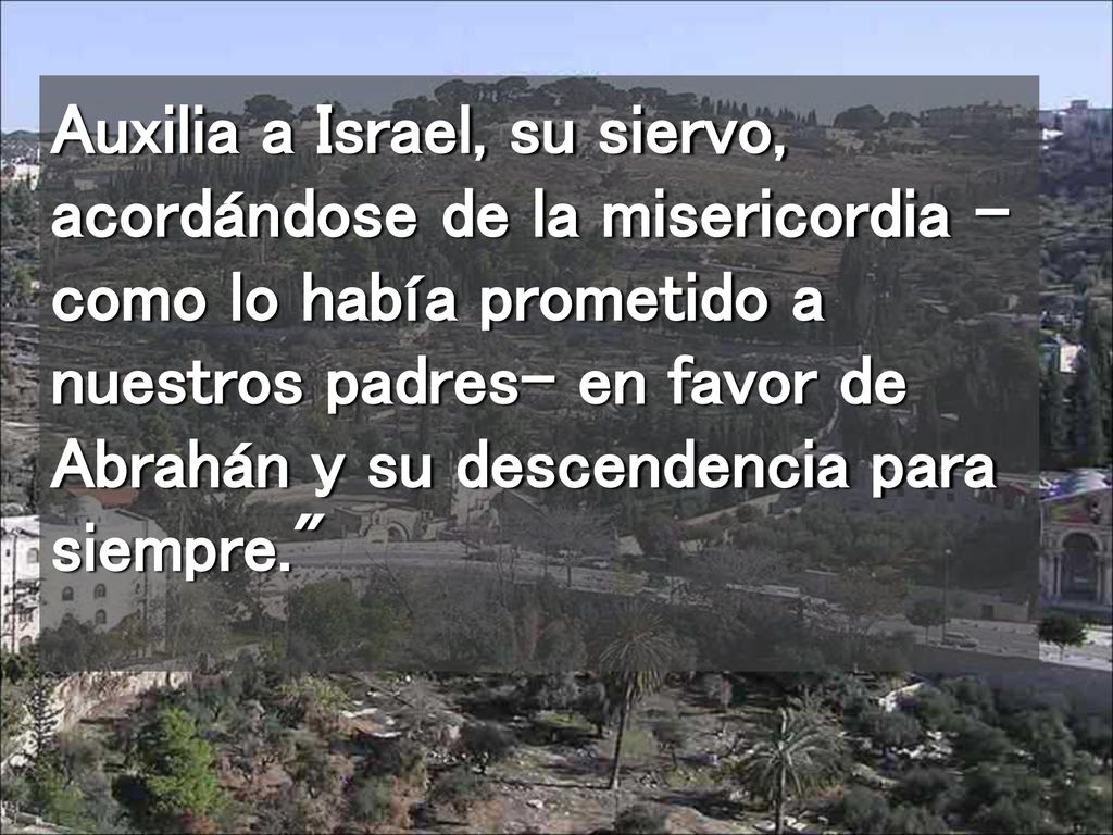 Auxilia a Israel, su siervo, acordándose de la misericordia -como lo había prometido a nuestros padres- en favor de Abrahán y su descendencia para siempre.