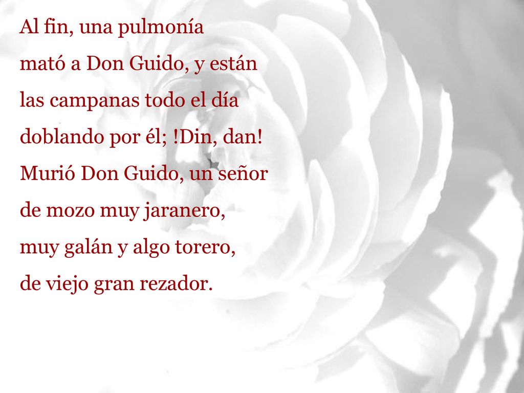 Al fin, una pulmonía mató a Don Guido, y están. las campanas todo el día. doblando por él; !Din, dan!