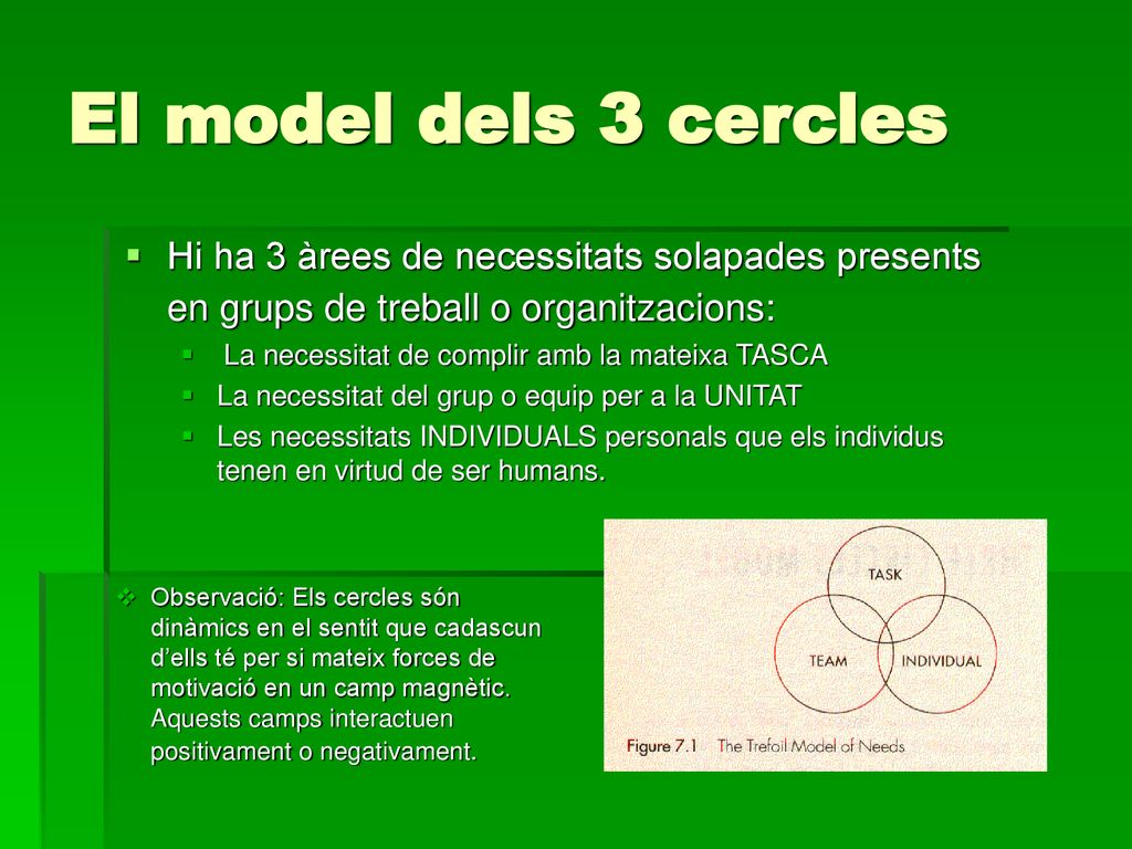 El model dels 3 cercles Hi ha 3 àrees de necessitats solapades presents en grups de treball o organitzacions: