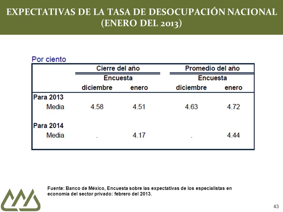 EXPECTATIVAS DE LA TASA DE DESOCUPACIÓN NACIONAL (ENERO DEL 2013)