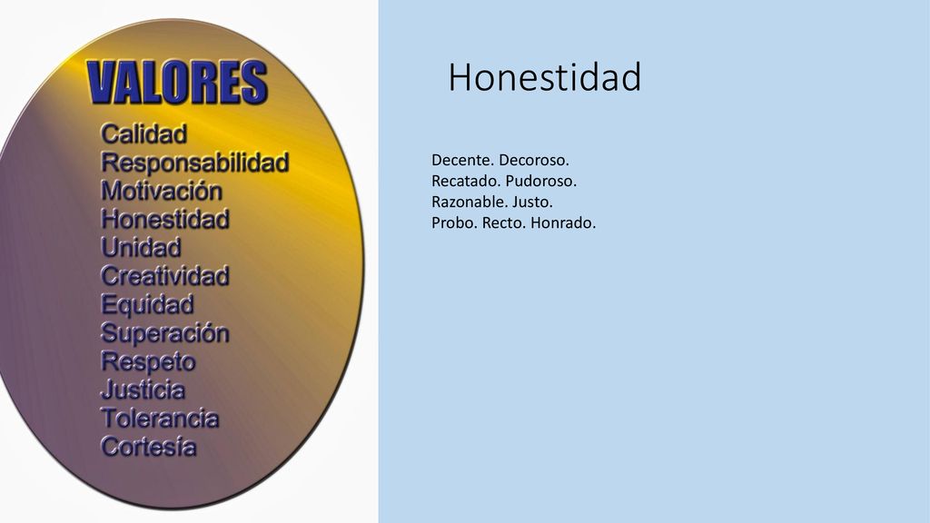 Honestidad Decente. Decoroso. Recatado. Pudoroso. Razonable. Justo.