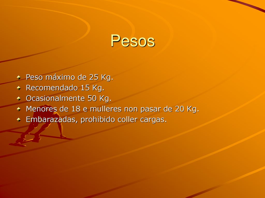 Pesos Peso máximo de 25 Kg. Recomendado 15 Kg. Ocasionalmente 50 Kg.