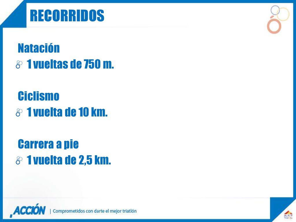 recorridos Natación 1 vueltas de 750 m. Ciclismo 1 vuelta de 10 km.