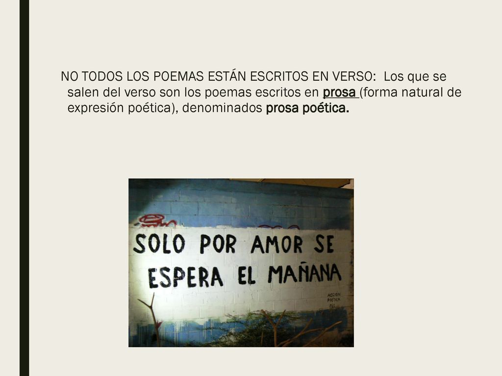 NO TODOS LOS POEMAS ESTÁN ESCRITOS EN VERSO: Los que se salen del verso son los poemas escritos en prosa (forma natural de expresión poética), denominados prosa poética.