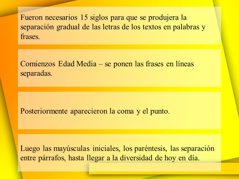 Fueron necesarios 15 siglos para que se produjera la separación gradual de las letras de los textos en palabras y frases.