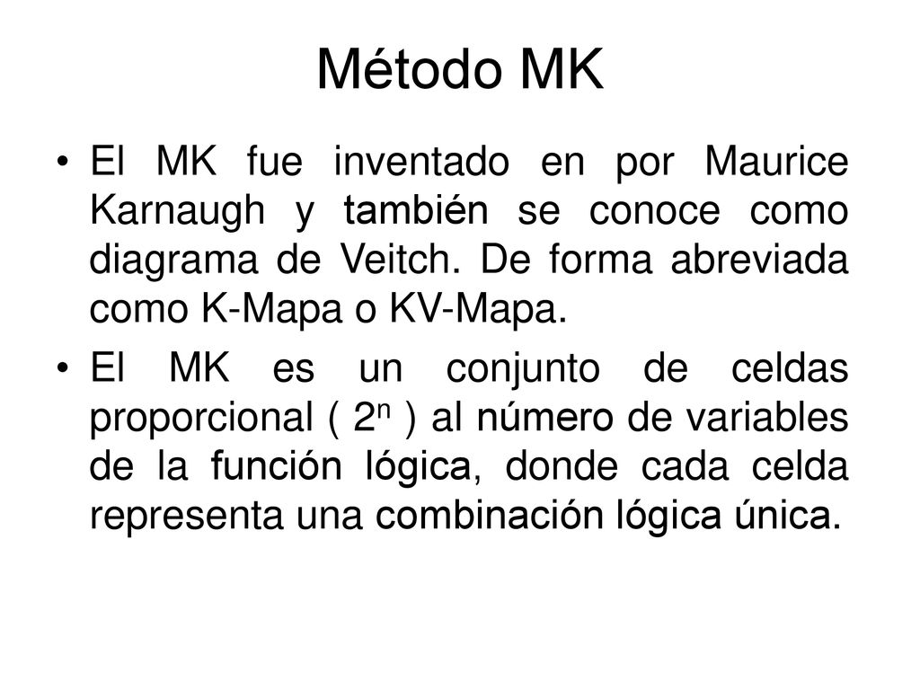 Método MK El MK fue inventado en por Maurice Karnaugh y también se conoce como diagrama de Veitch. De forma abreviada como K-Mapa o KV-Mapa.