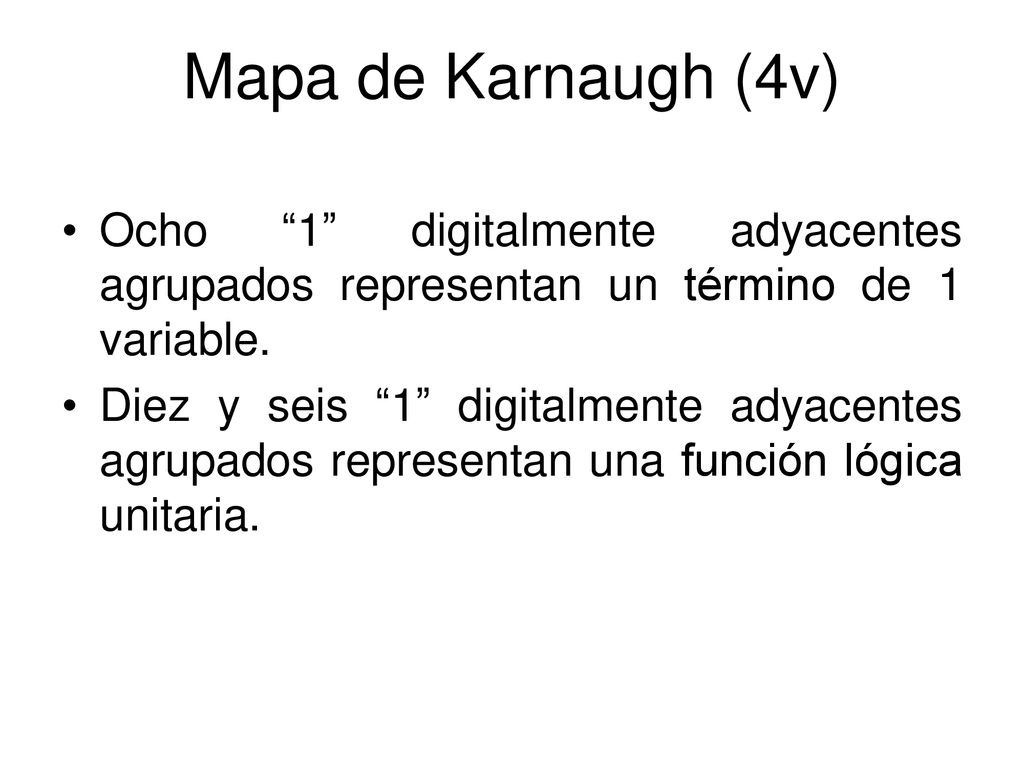 Mapa de Karnaugh (4v) Ocho 1 digitalmente adyacentes agrupados representan un término de 1 variable.