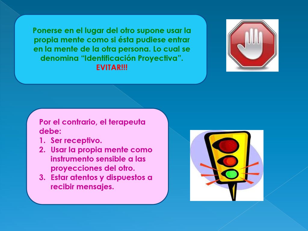 Ponerse en el lugar del otro supone usar la propia mente como si ésta pudiese entrar en la mente de la otra persona. Lo cual se denomina Identificación Proyectiva .