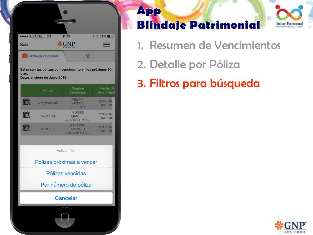 App Blindaje Patrimonial Resumen de Vencimientos Detalle por Póliza Filtros para búsqueda