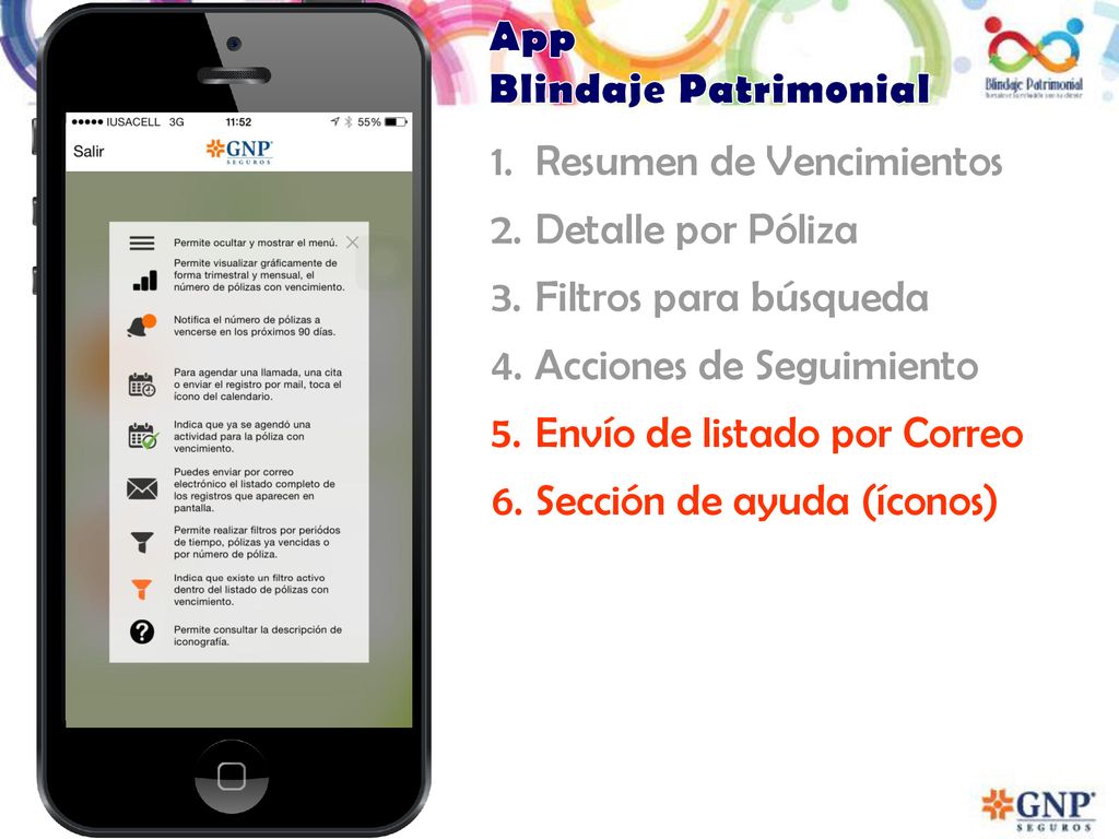 App Blindaje Patrimonial. Resumen de Vencimientos. Detalle por Póliza. Filtros para búsqueda. Acciones de Seguimiento.