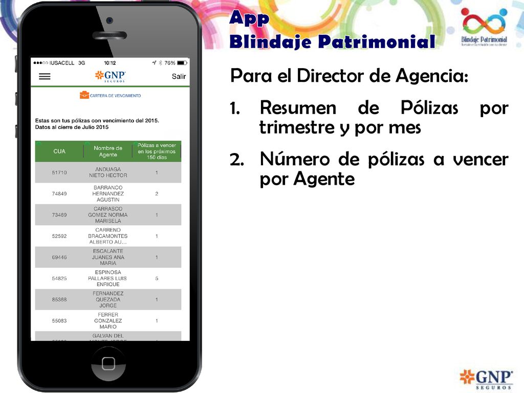 App Blindaje Patrimonial. Para el Director de Agencia: Resumen de Pólizas por trimestre y por mes.