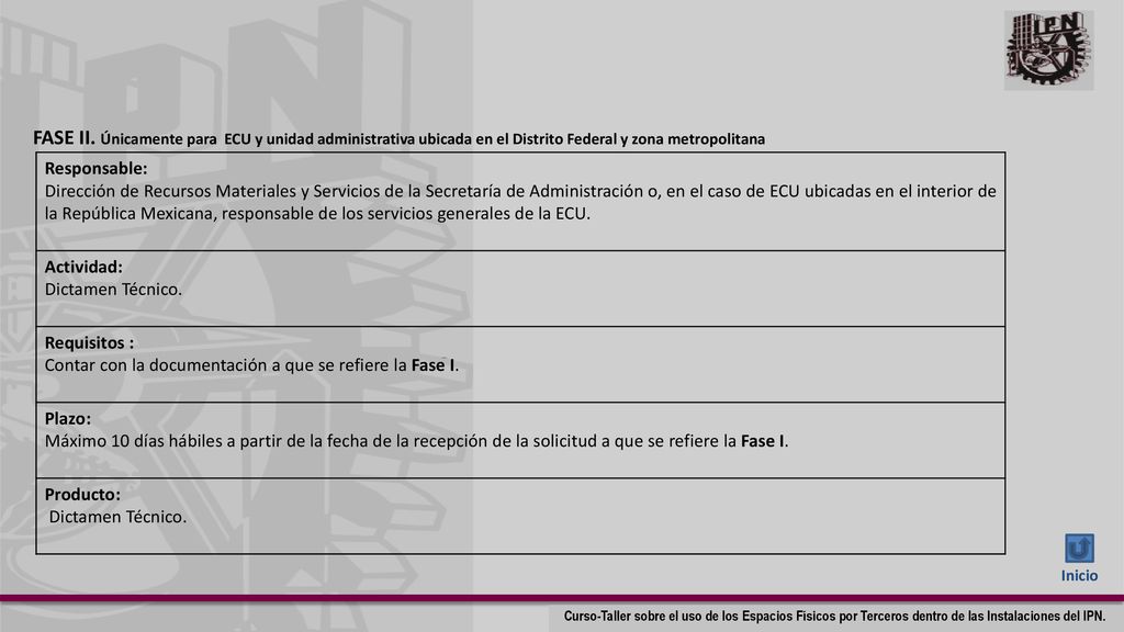 FASE II. Únicamente para ECU y unidad administrativa ubicada en el Distrito Federal y zona metropolitana