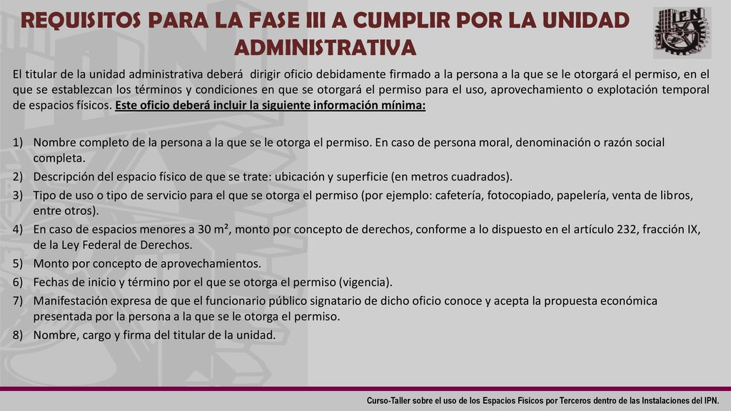 REQUISITOS PARA LA FASE III A CUMPLIR POR LA UNIDAD ADMINISTRATIVA