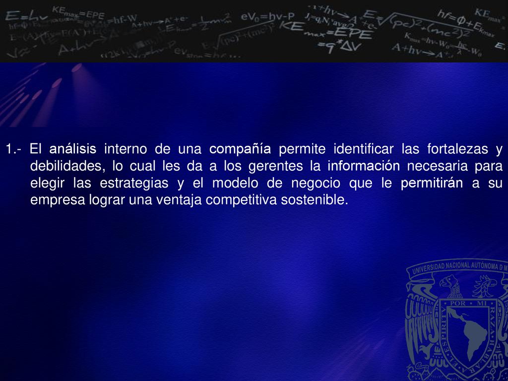 1.- El análisis interno de una compañía permite identificar las fortalezas y debilidades, lo cual les da a los gerentes la información necesaria para elegir las estrategias y el modelo de negocio que le permitirán a su empresa lograr una ventaja competitiva sostenible.