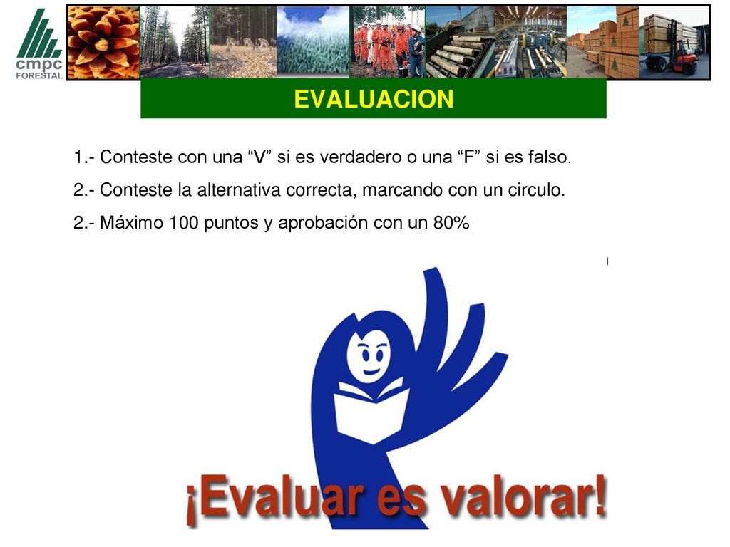 EVALUACION 1.- Conteste con una V si es verdadero o una F si es falso. 2.- Conteste la alternativa correcta, marcando con un circulo.
