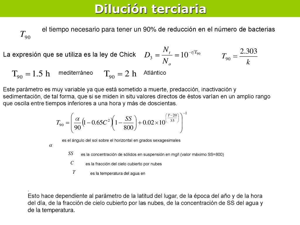 Dilución terciaria el tiempo necesario para tener un 90% de reducción en el número de bacterias. La expresión que se utiliza es la ley de Chick.