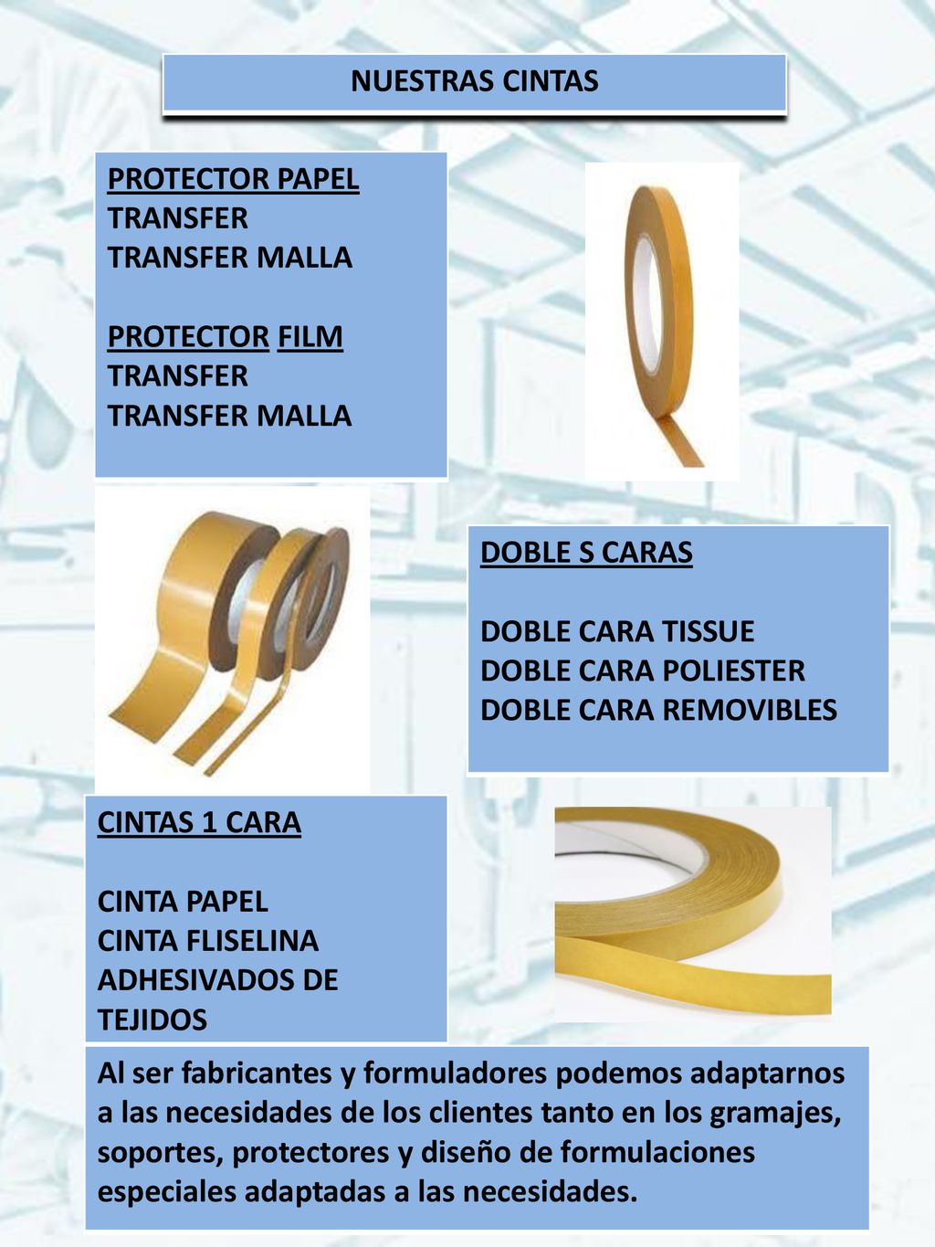 NUESTRAS CINTAS PROTECTOR PAPEL. TRANSFER. TRANSFER MALLA. PROTECTOR FILM. DOBLE S CARAS. DOBLE CARA TISSUE.
