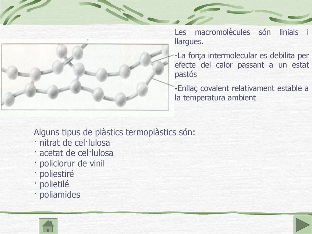Alguns tipus de plàstics termoplàstics són: · nitrat de cel·lulosa