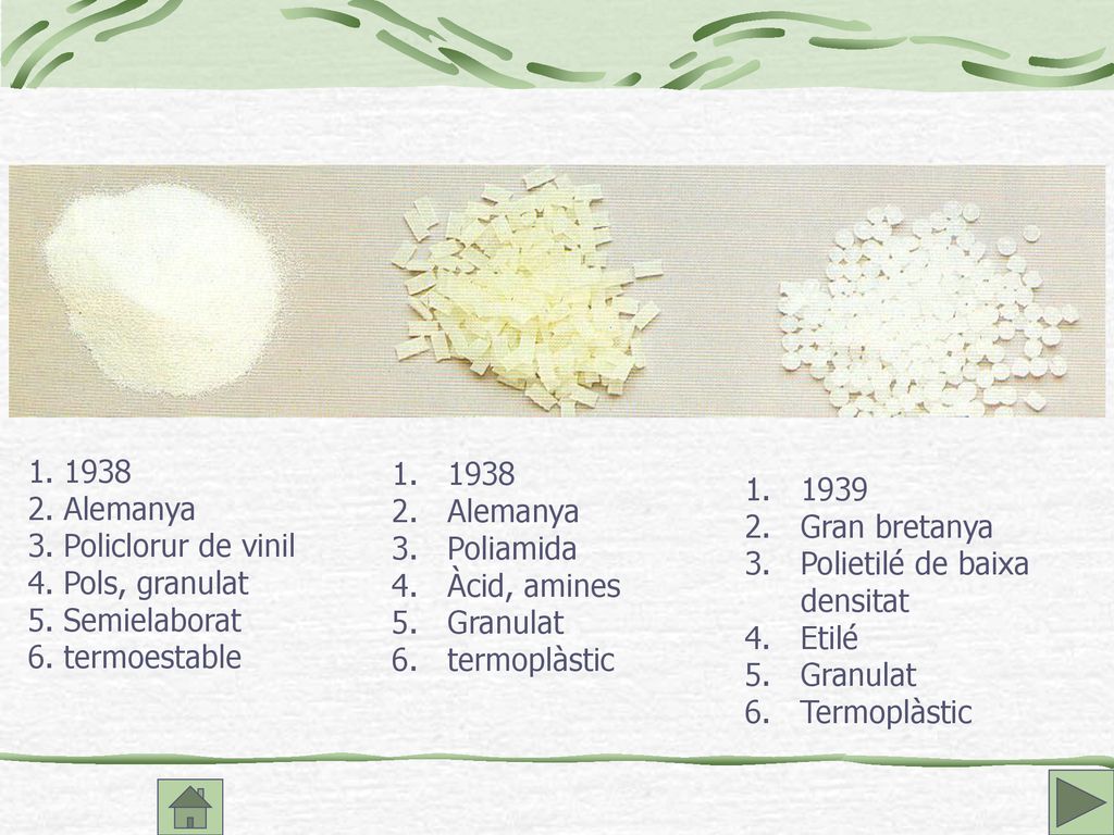Alemanya. 3. Policlorur de vinil. 4. Pols, granulat. 5. Semielaborat. 6. termoestable.