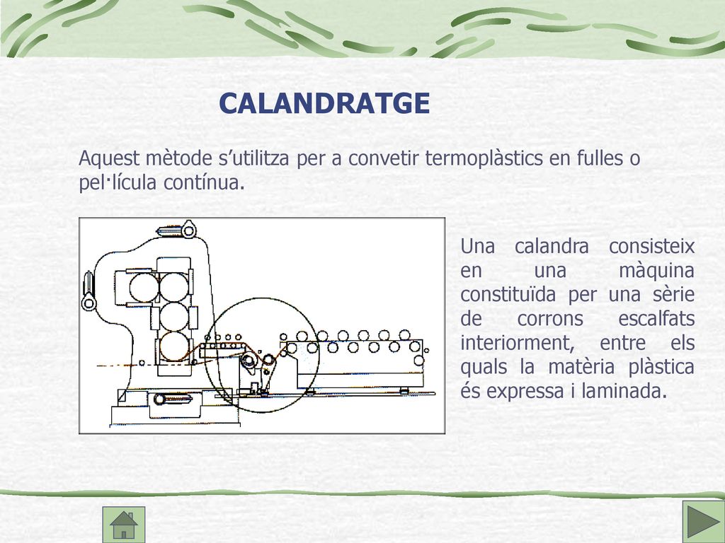 CALANDRATGE Aquest mètode s’utilitza per a convetir termoplàstics en fulles o pel·lícula contínua.