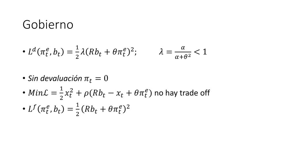 Gobierno 𝐿 𝑑 𝜋 𝑡 𝑒 , 𝑏 𝑡 = 1 2 𝜆 𝑅 𝑏 𝑡 +𝜃 𝜋 𝑡 𝑒 2 ; 𝜆= 𝛼 𝛼+ 𝜃 2 <1
