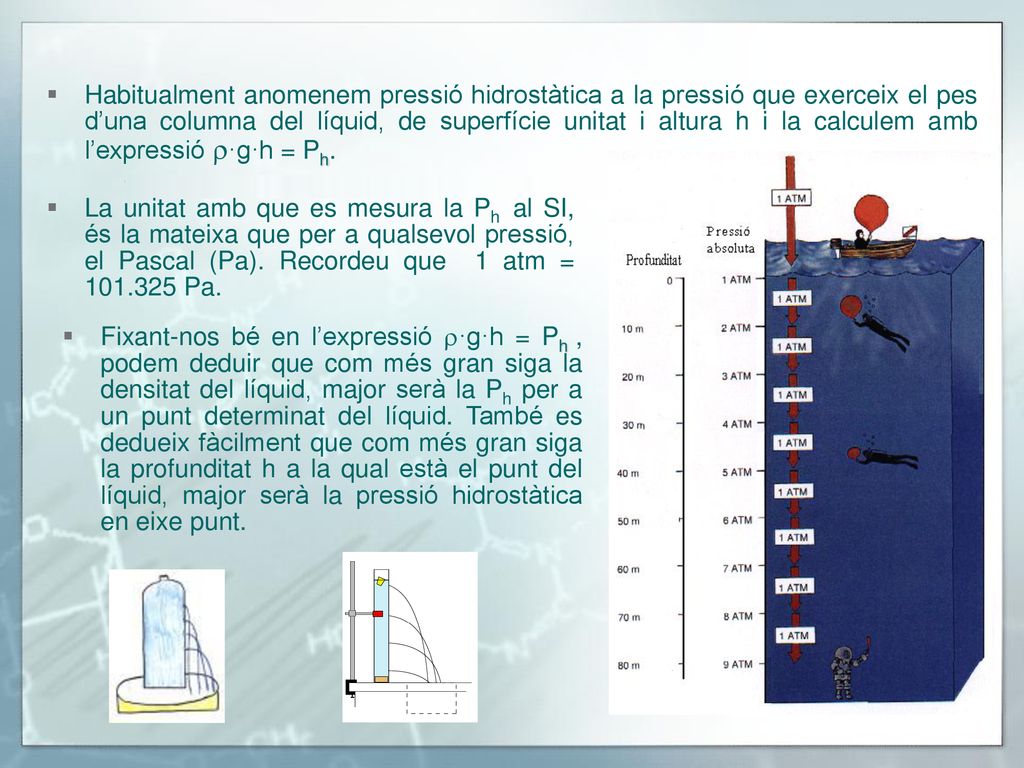 Habitualment anomenem pressió hidrostàtica a la pressió que exerceix el pes d’una columna del líquid, de superfície unitat i altura h i la calculem amb l’expressió r·g·h = Ph.