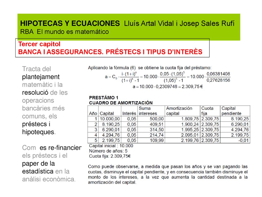 HIPOTECAS Y ECUACIONES Lluís Artal Vidal i Josep Sales Rufí RBA El mundo es matemático