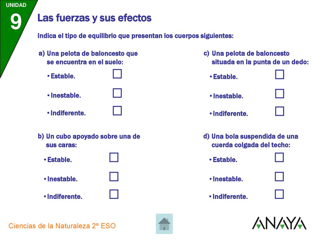 Indica el tipo de equilibrio que presentan los cuerpos siguientes: