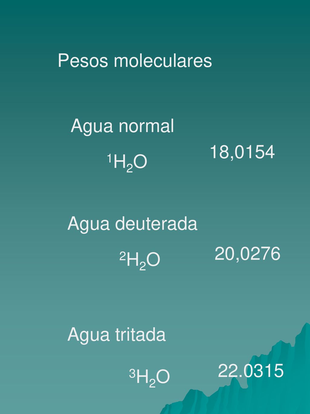 Pesos moleculares Agua normal 18,0154 1H2O Agua deuterada 20,0276 2H2O Agua tritada H2O