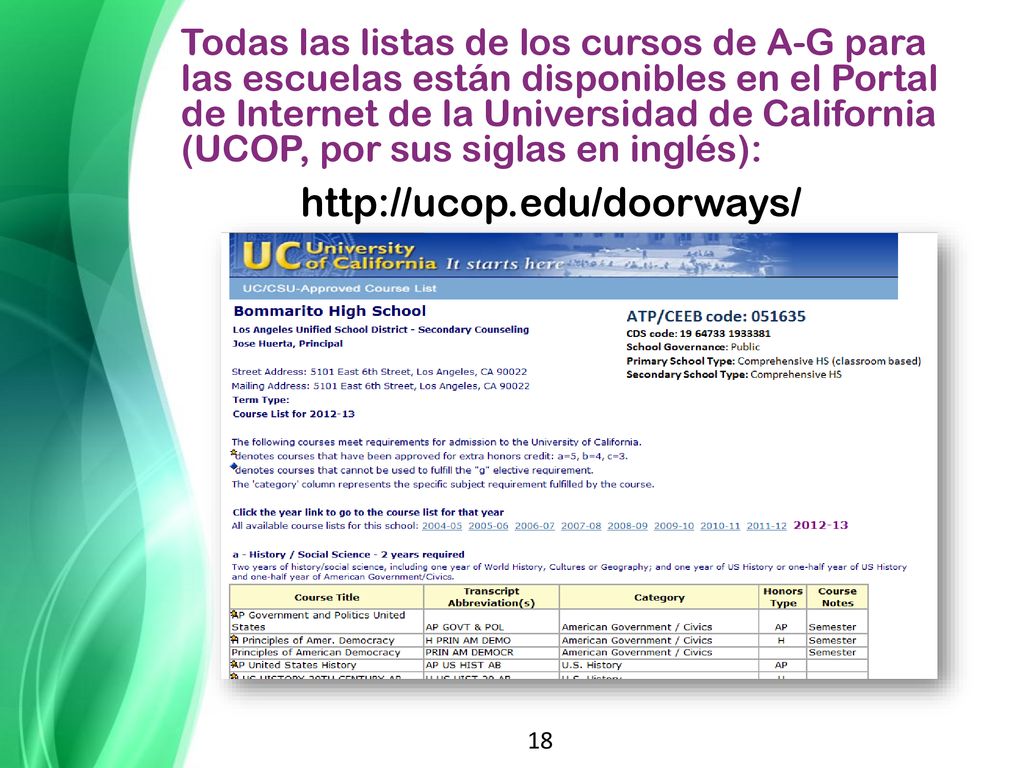 Todas las listas de los cursos de A-G para las escuelas están disponibles en el Portal de Internet de la Universidad de California (UCOP, por sus siglas en inglés):