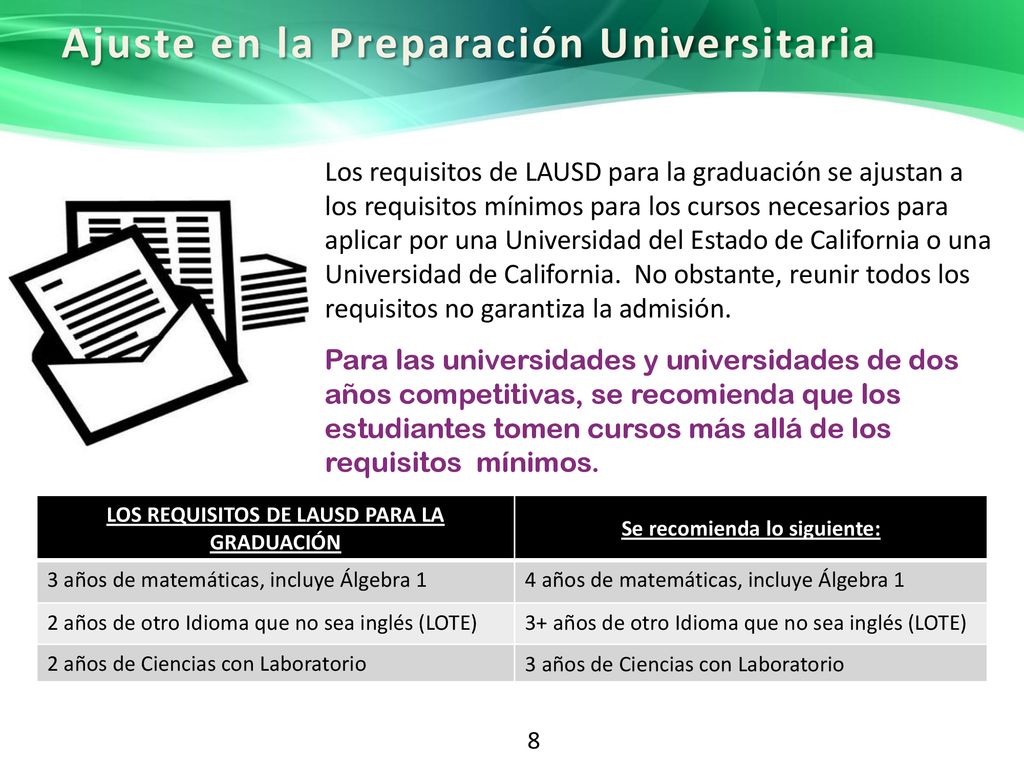 LOS REQUISITOS DE LAUSD PARA LA GRADUACIÓN Se recomienda lo siguiente: