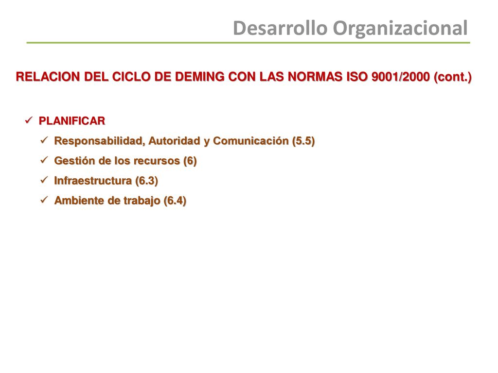 RELACION DEL CICLO DE DEMING CON LAS NORMAS ISO 9001/2000 (cont.)