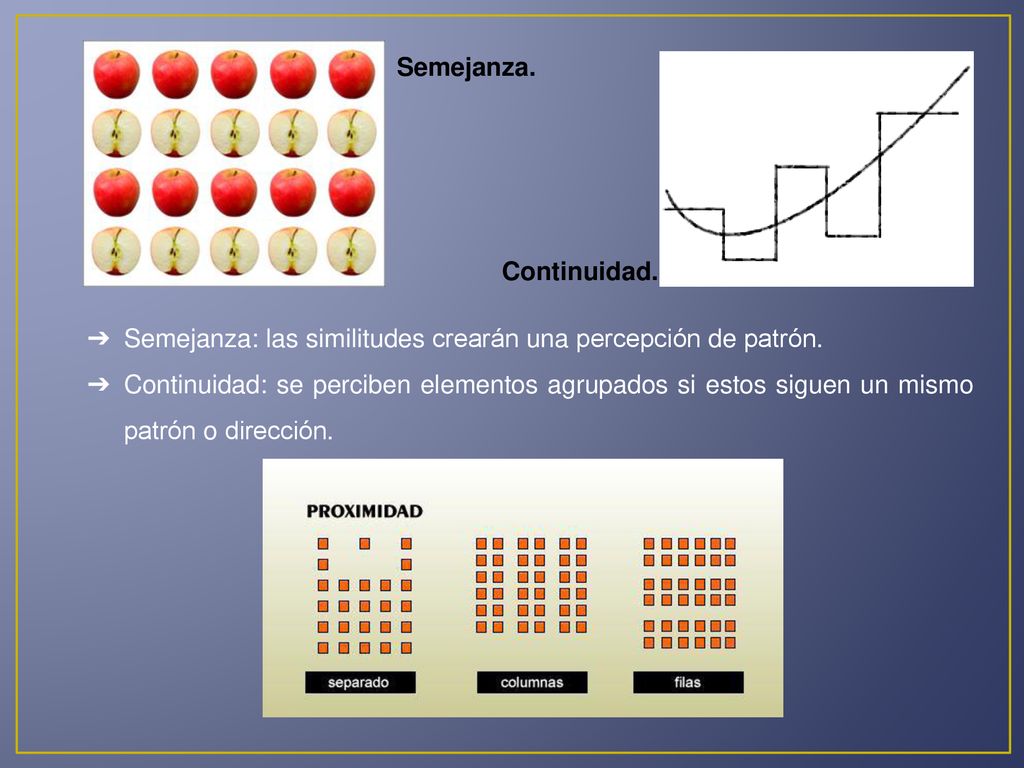 Semejanza. Continuidad. Semejanza: las similitudes crearán una percepción de patrón.
