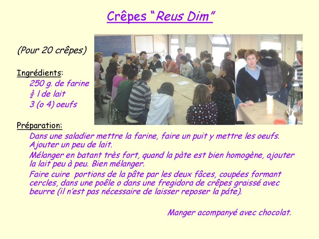Crêpes Reus Dim (Pour 20 crêpes) Ingrédients: 250 g. de farine