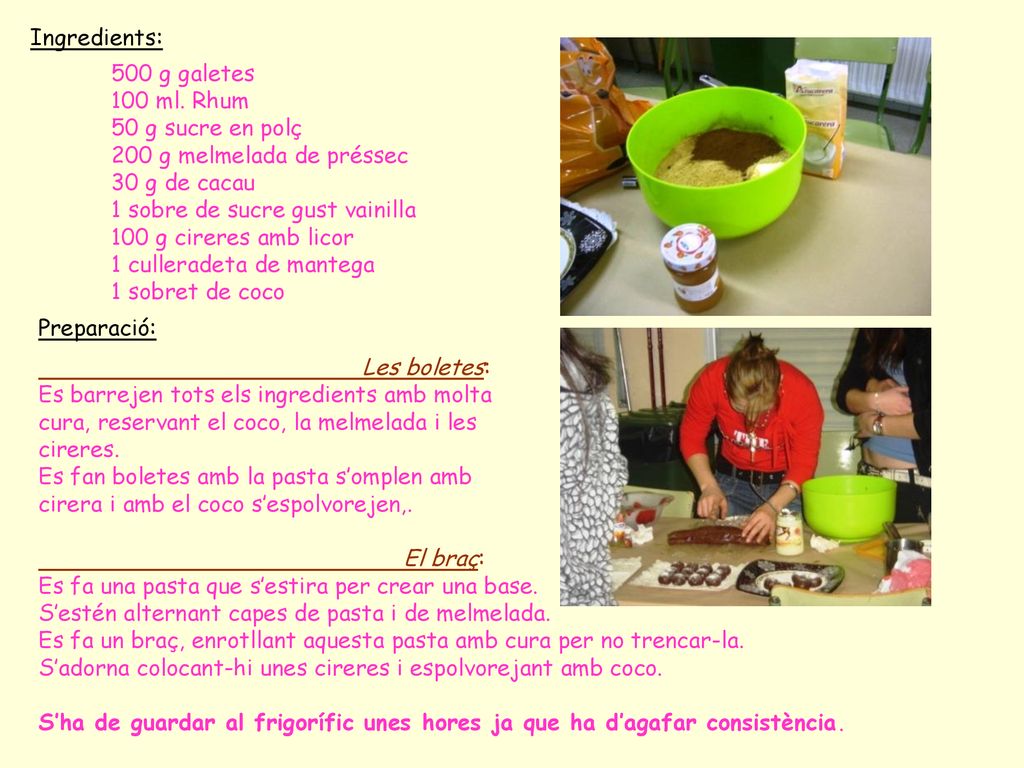 Ingredients: 500 g galetes. 100 ml. Rhum. 50 g sucre en polç. 200 g melmelada de préssec. 30 g de cacau.